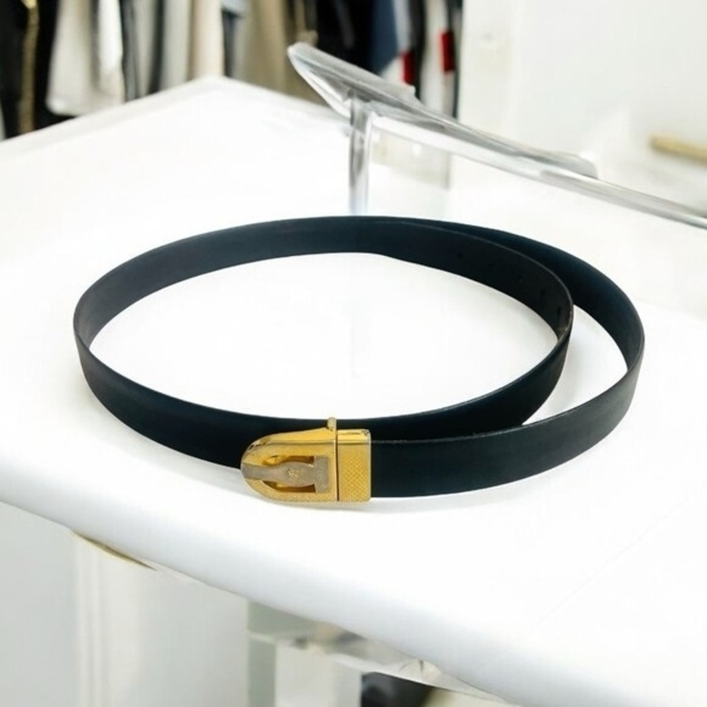 Rare Vintage YSL Yves Saint Laurent Black Genuine Leather Gold Silver Buckle 44